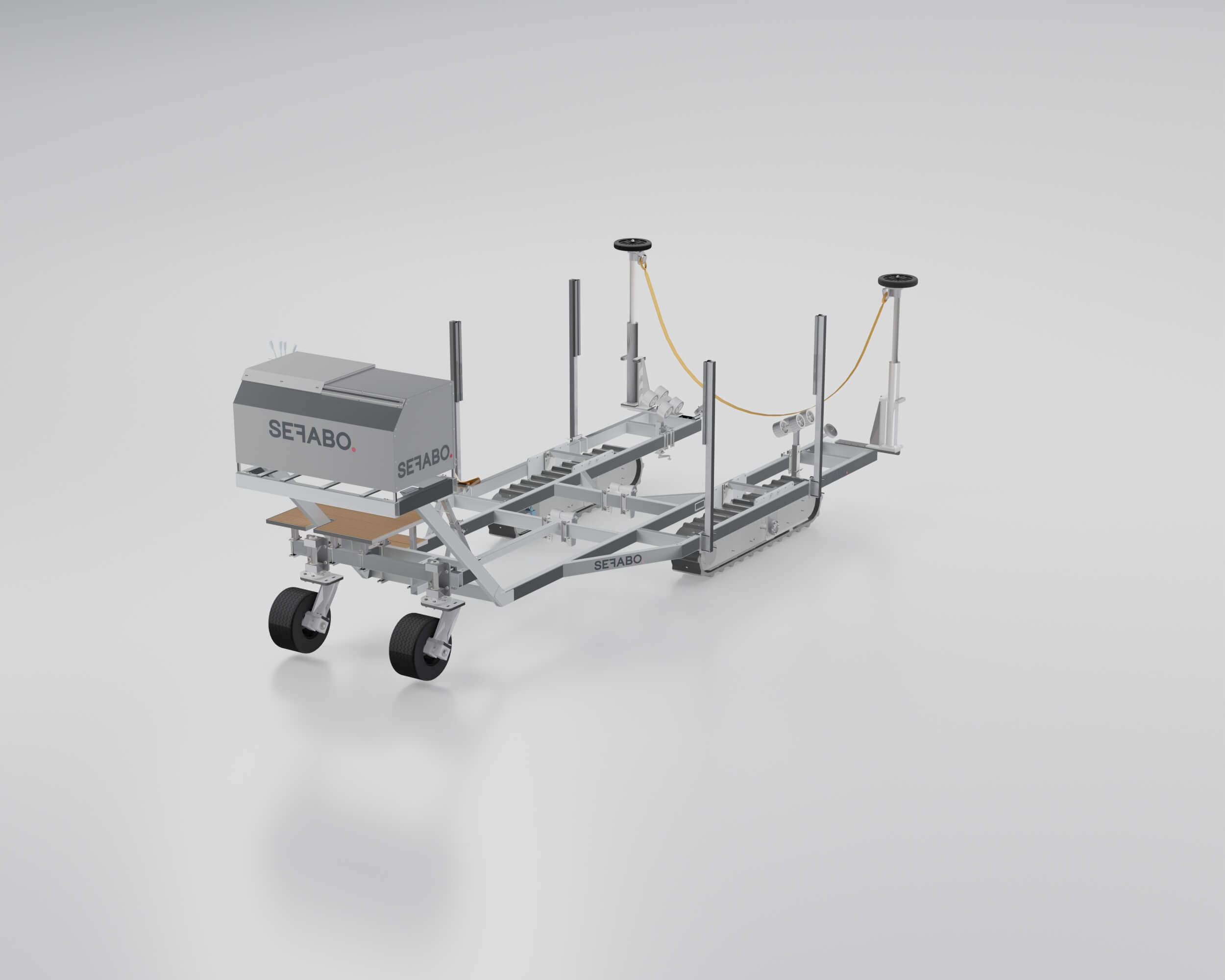 SEFABO boat trailer with caterpillar drive incl. operator's platform and lifting cylinder for easy lowering of the boat.